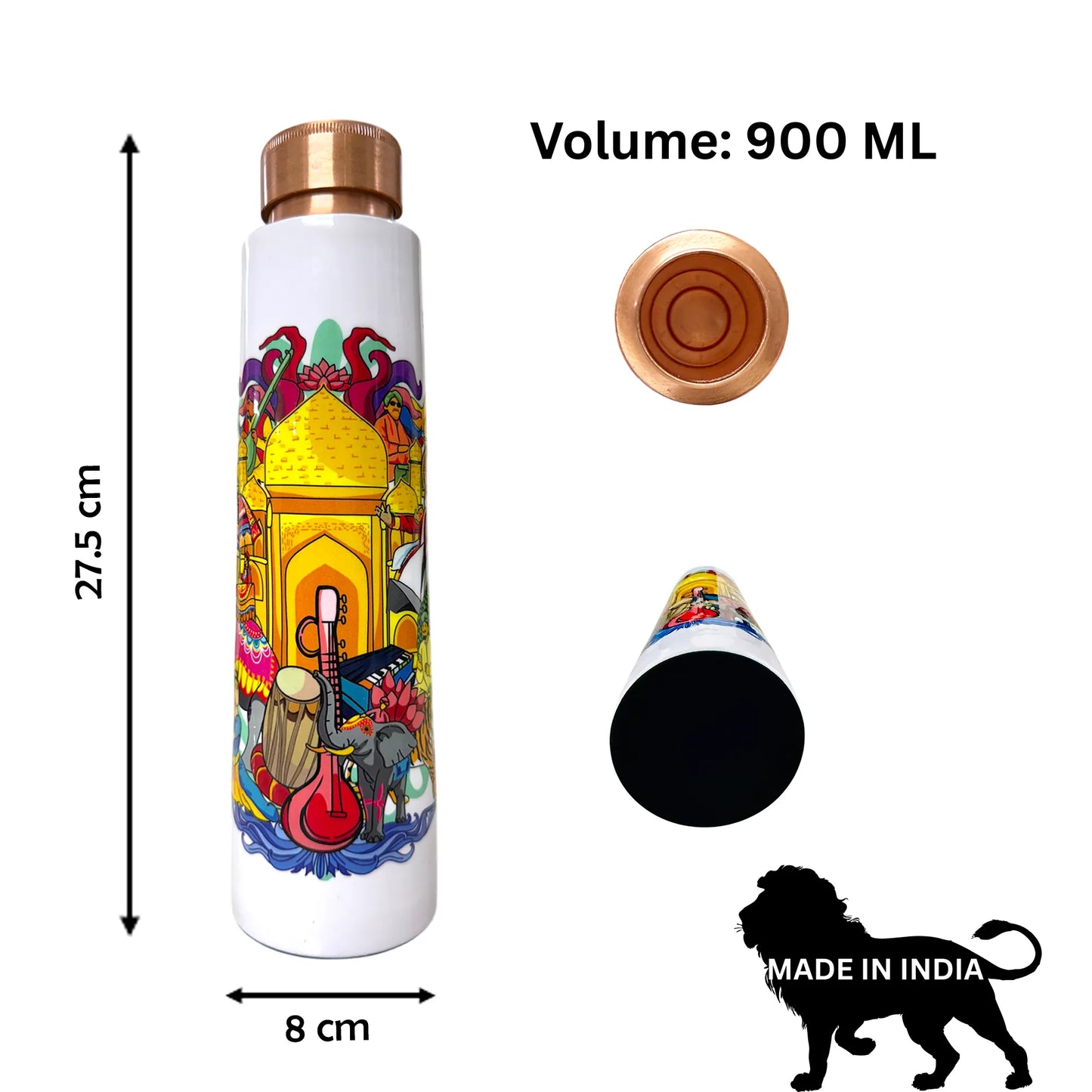 PAINTZSTORIES India's Rich Culture Meena Print Copper Water Bottle | Handcrafted Tamba Bottle | Premium Copper Water Bottle for Home Décor, Office, Travel & Gifting | 900 ml