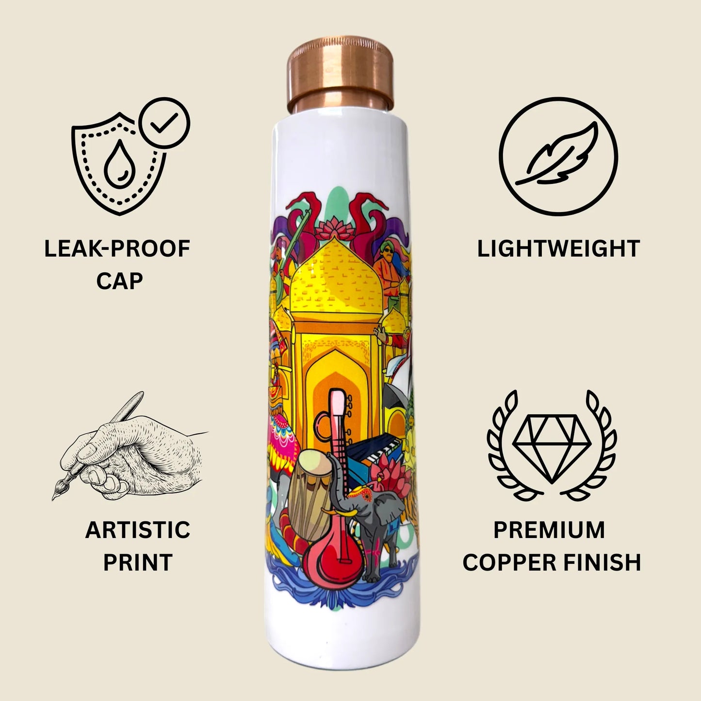 PAINTZSTORIES India's Rich Culture Meena Print Copper Water Bottle | Handcrafted Tamba Bottle | Premium Copper Water Bottle for Home Décor, Office, Travel & Gifting | 900 ml