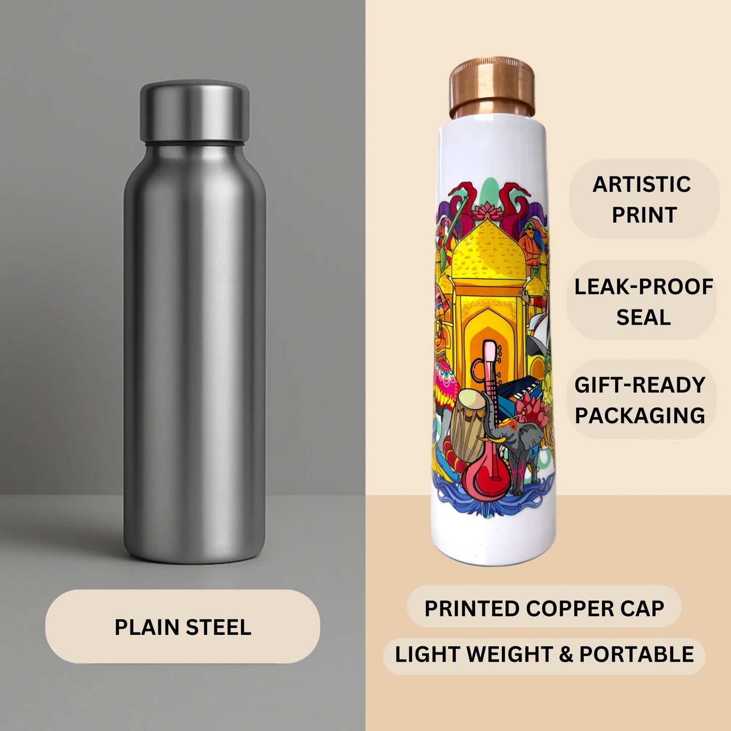 PAINTZSTORIES India's Rich Culture Meena Print Copper Water Bottle | Handcrafted Tamba Bottle | Premium Copper Water Bottle for Home Décor, Office, Travel & Gifting | 900 ml