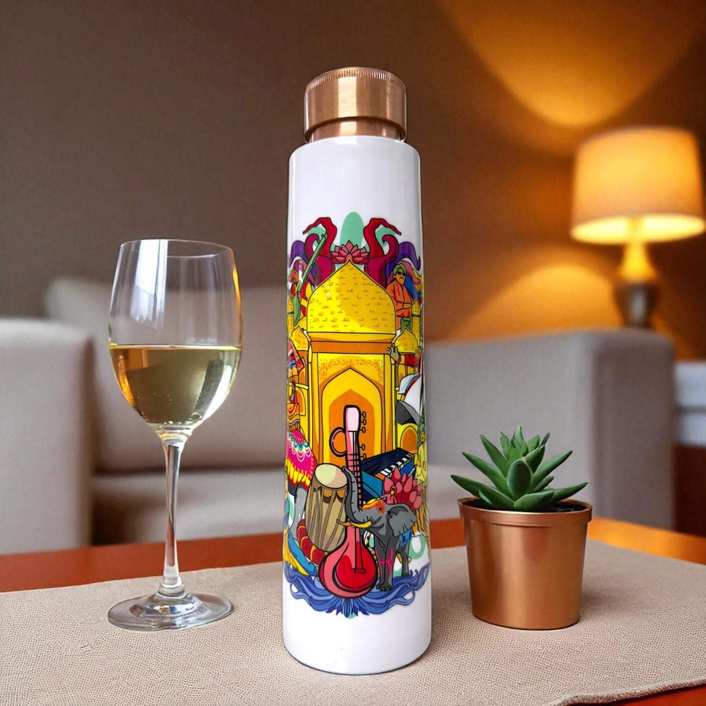 PAINTZSTORIES India's Rich Culture Meena Print Copper Water Bottle | Handcrafted Tamba Bottle | Premium Copper Water Bottle for Home Décor, Office, Travel & Gifting | 900 ml