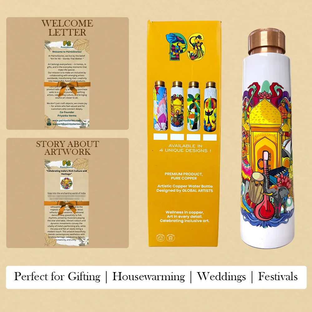 PAINTZSTORIES India's Rich Culture Meena Print Copper Water Bottle | Handcrafted Tamba Bottle | Premium Copper Water Bottle for Home Décor, Office, Travel & Gifting | 900 ml
