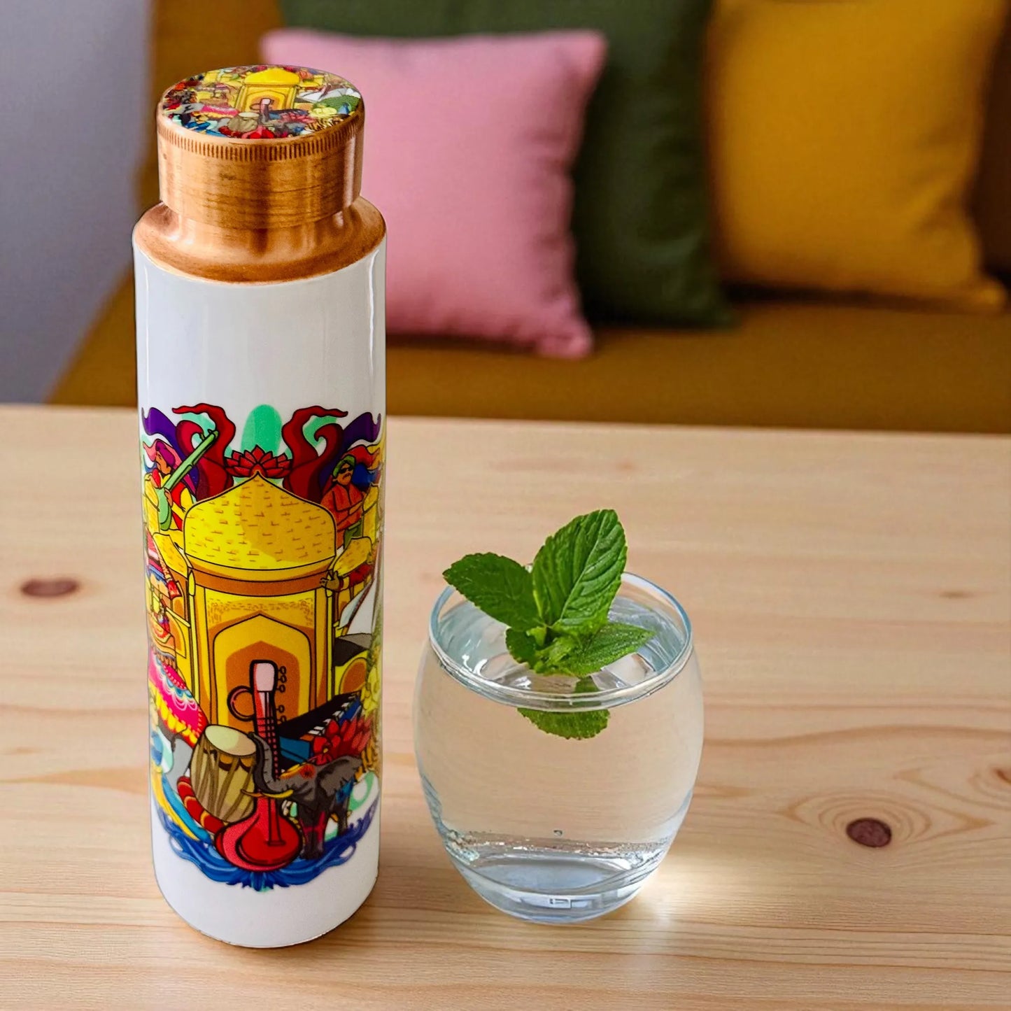 PAINTZSTORIES India's Rich Culture Meena Print Copper Water Bottle | Handcrafted Tamba Bottle | Premium Copper Water Bottle for Home Décor, Office, Travel & Gifting | 900 ml