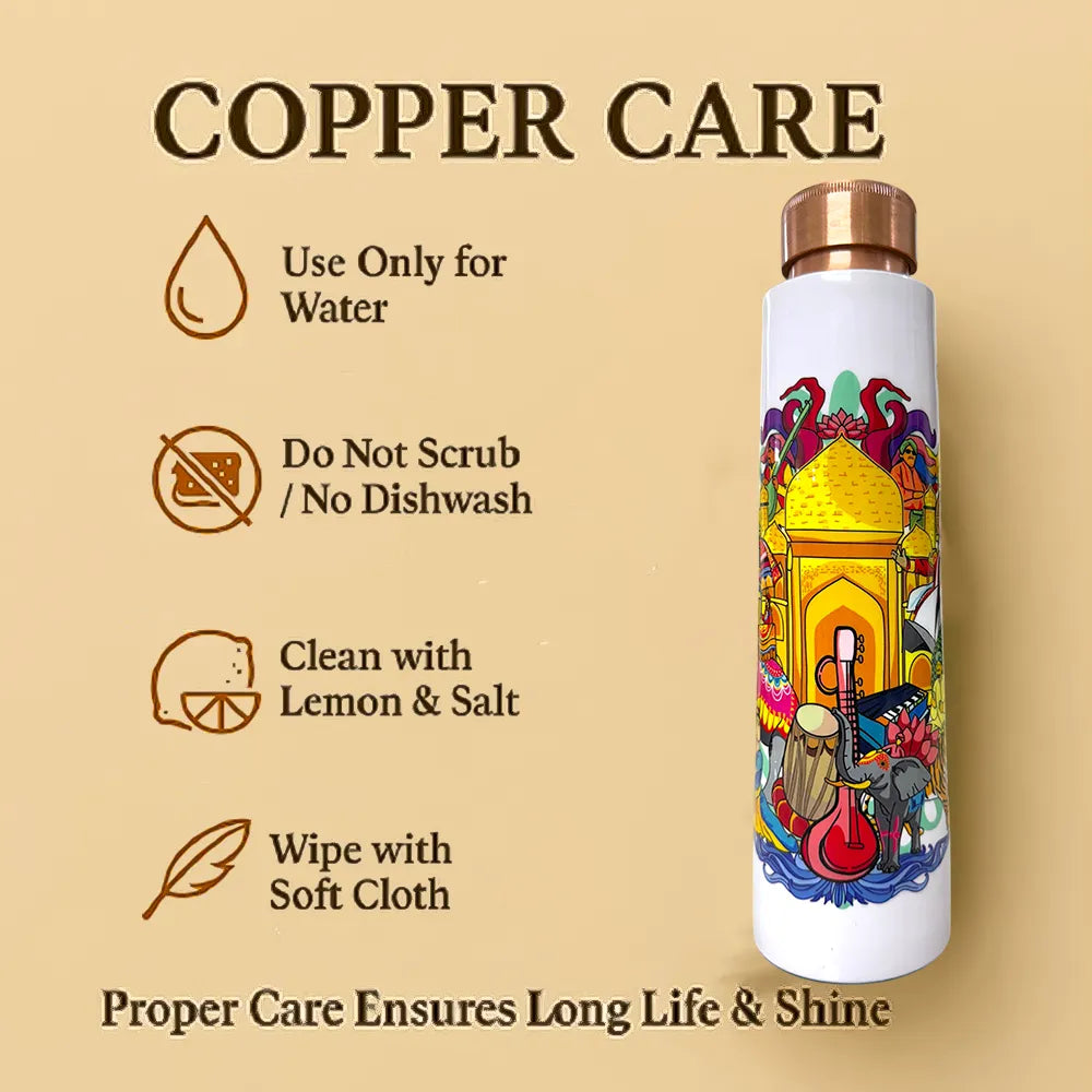 PAINTZSTORIES India's Rich Culture Meena Print Copper Water Bottle | Handcrafted Tamba Bottle | Premium Copper Water Bottle for Home Décor, Office, Travel & Gifting | 900 ml