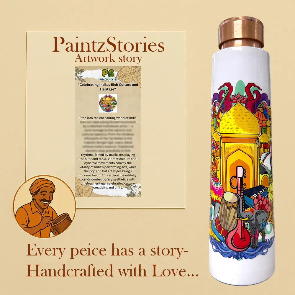 PAINTZSTORIES India's Rich Culture Meena Print Copper Water Bottle | Handcrafted Tamba Bottle | Premium Copper Water Bottle for Home Décor, Office, Travel & Gifting | 900 ml