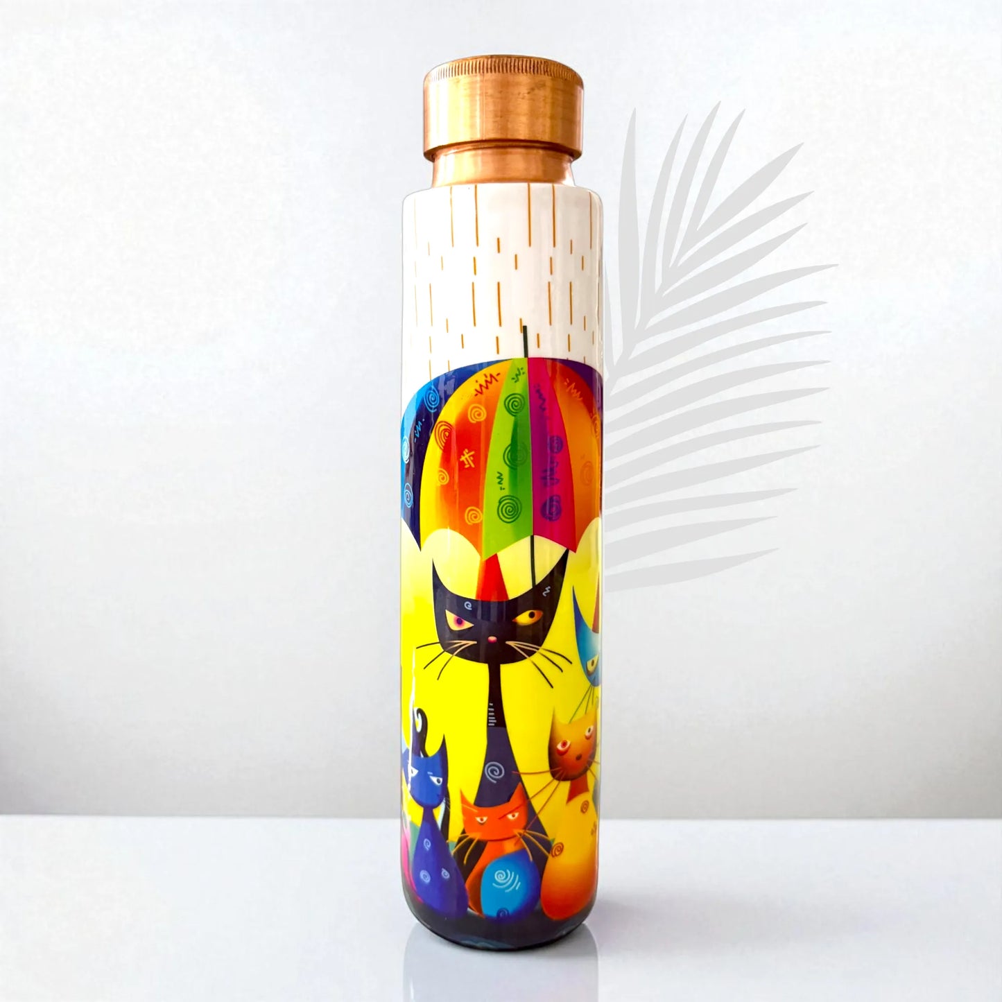 PAINTZSTORIES Rainy Day Whiskers Meena Print Copper Water Bottle | Handcrafted Tamba Bottle | Premium Copper Water Bottle for Home Décor, Office, Travel & Gifting | 900 ml