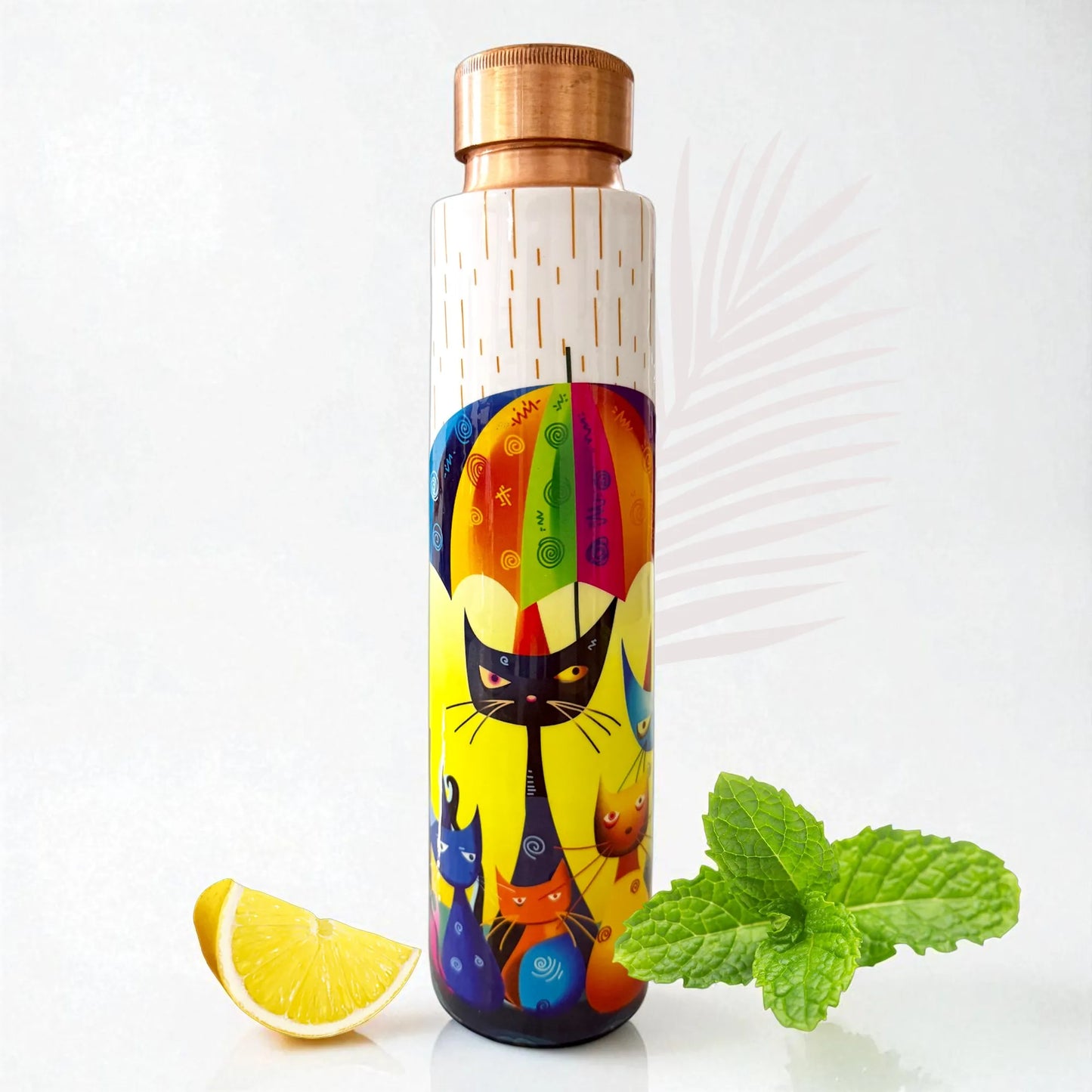 PAINTZSTORIES Rainy Day Whiskers Meena Print Copper Water Bottle | Handcrafted Tamba Bottle | Premium Copper Water Bottle for Home Décor, Office, Travel & Gifting | 900 ml
