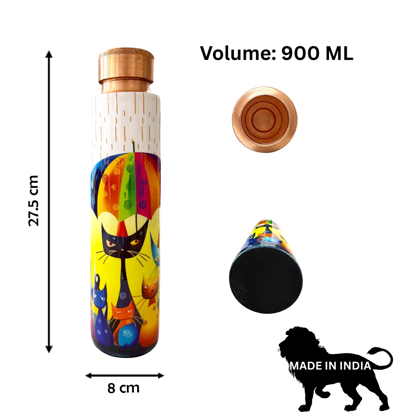 PAINTZSTORIES Rainy Day Whiskers Meena Print Copper Water Bottle | Handcrafted Tamba Bottle | Premium Copper Water Bottle for Home Décor, Office, Travel & Gifting | 900 ml