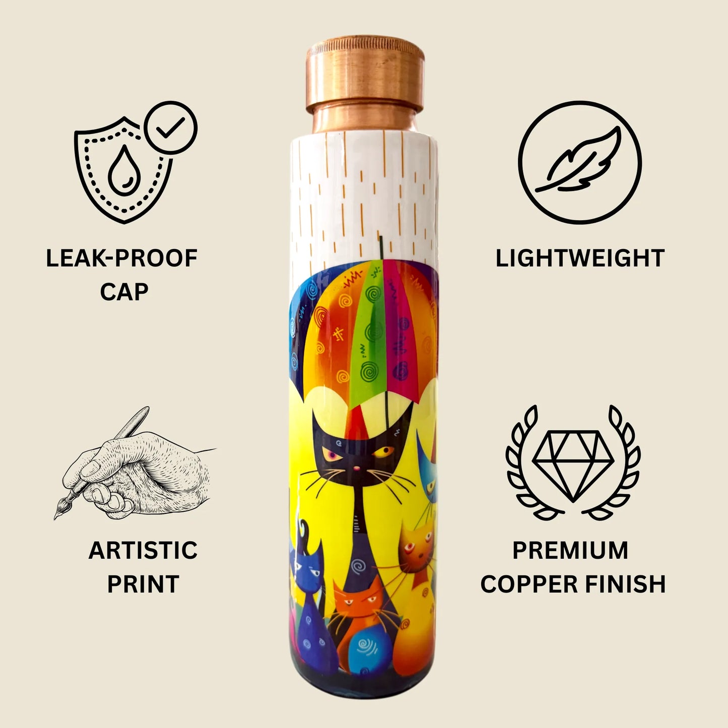 PAINTZSTORIES Rainy Day Whiskers Meena Print Copper Water Bottle | Handcrafted Tamba Bottle | Premium Copper Water Bottle for Home Décor, Office, Travel & Gifting | 900 ml
