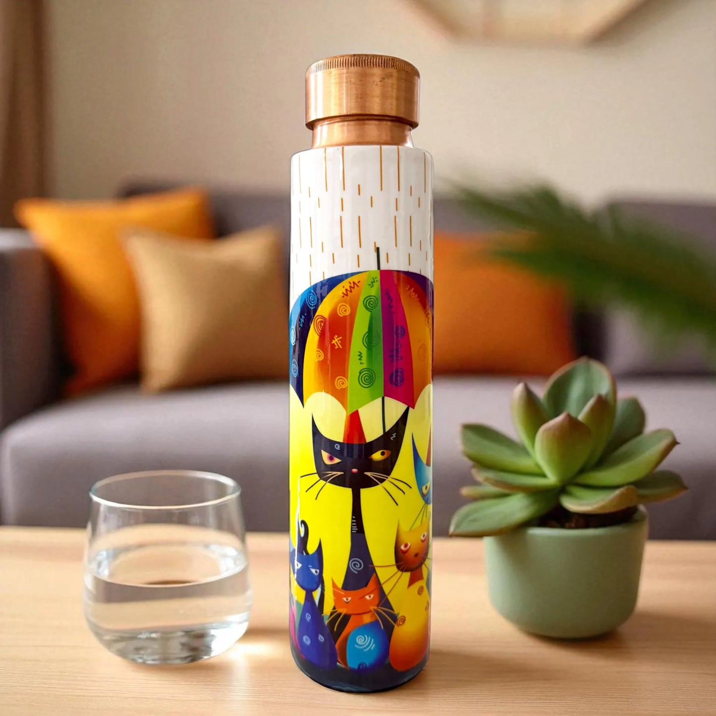 PAINTZSTORIES Rainy Day Whiskers Meena Print Copper Water Bottle | Handcrafted Tamba Bottle | Premium Copper Water Bottle for Home Décor, Office, Travel & Gifting | 900 ml