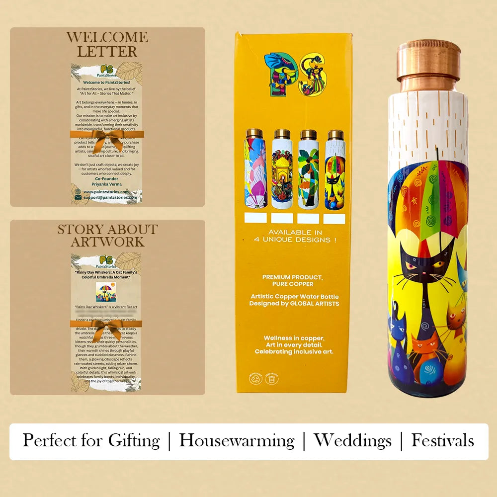 PAINTZSTORIES Rainy Day Whiskers Meena Print Copper Water Bottle | Handcrafted Tamba Bottle | Premium Copper Water Bottle for Home Décor, Office, Travel & Gifting | 900 ml