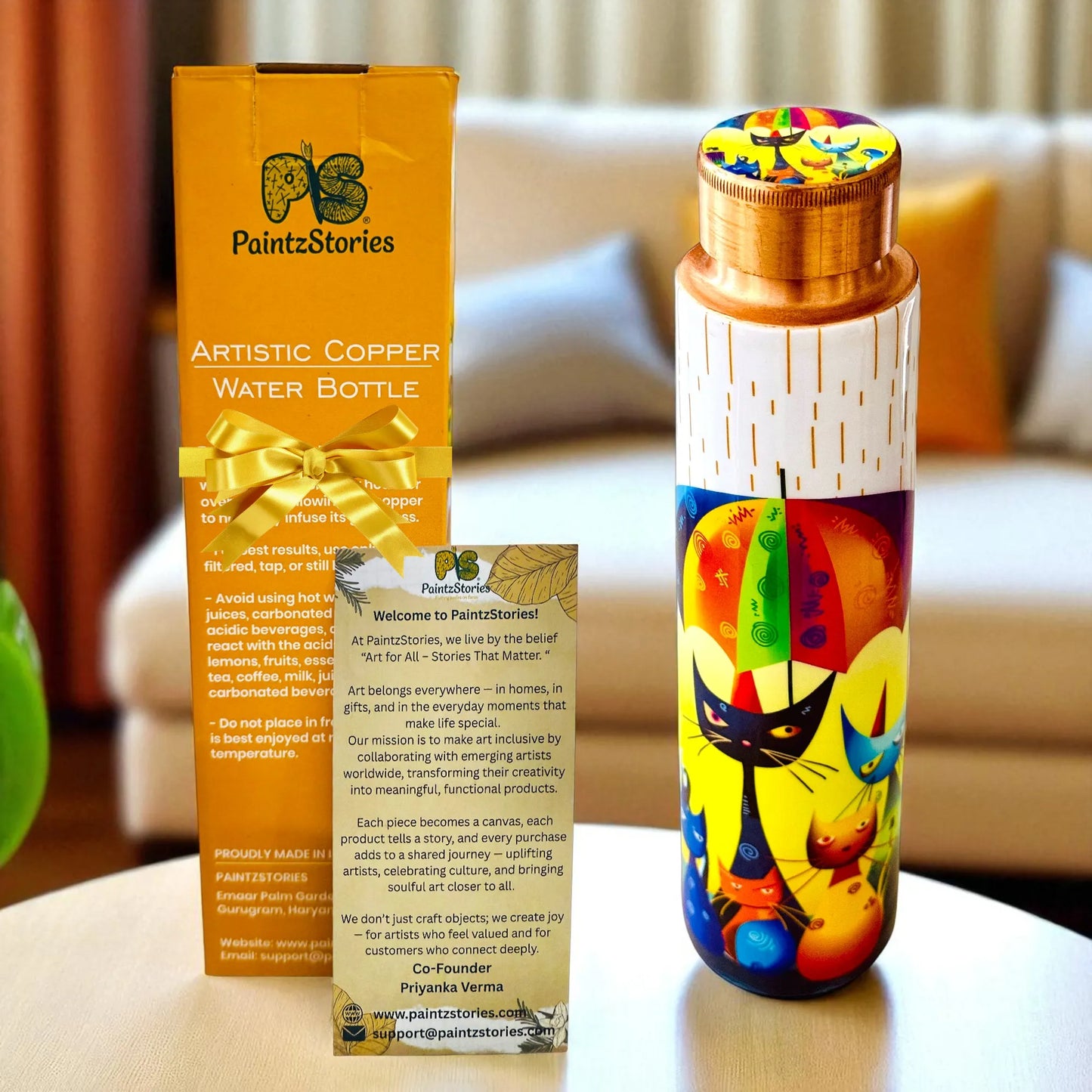 PAINTZSTORIES Rainy Day Whiskers Meena Print Copper Water Bottle | Handcrafted Tamba Bottle | Premium Copper Water Bottle for Home Décor, Office, Travel & Gifting | 900 ml