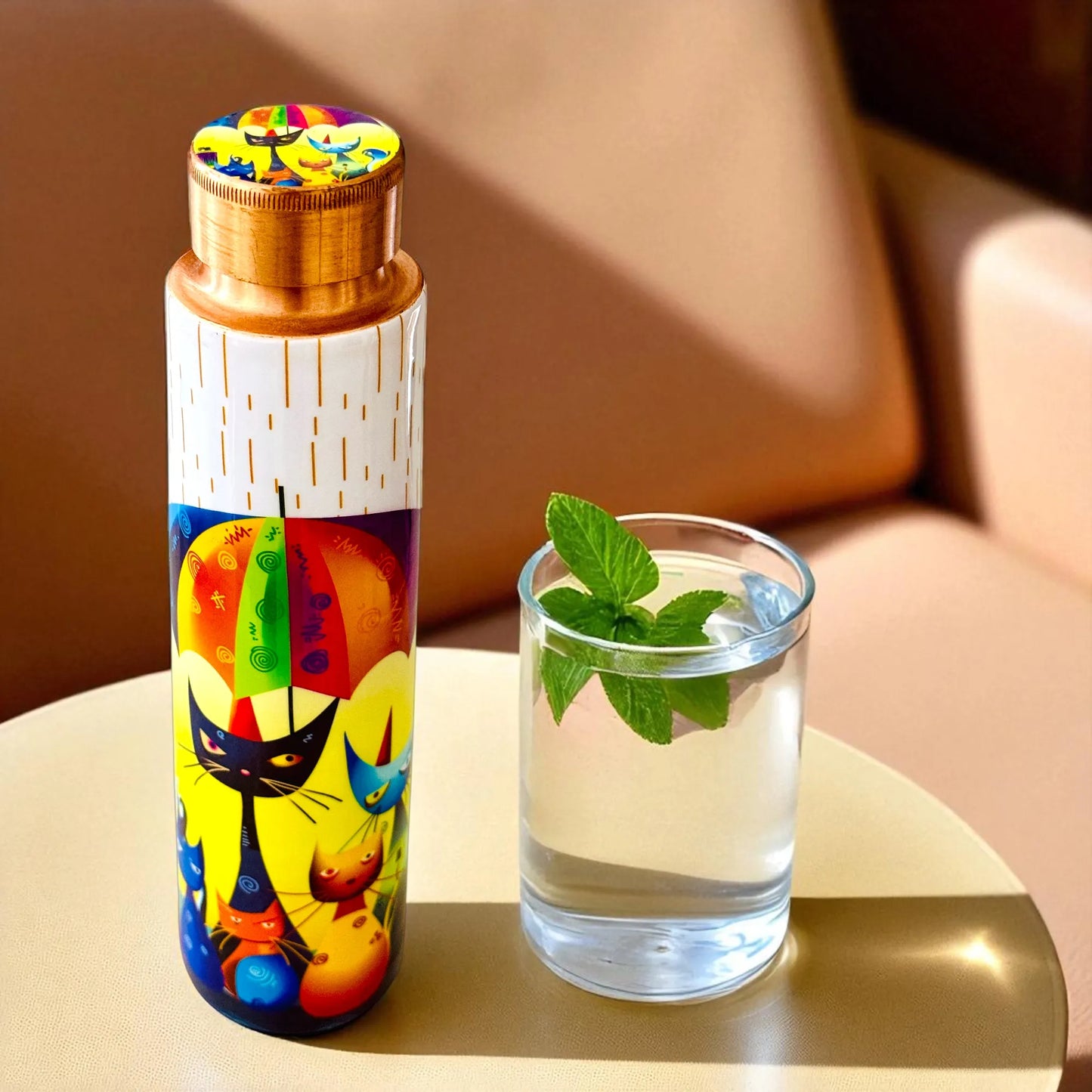 PAINTZSTORIES Rainy Day Whiskers Meena Print Copper Water Bottle | Handcrafted Tamba Bottle | Premium Copper Water Bottle for Home Décor, Office, Travel & Gifting | 900 ml