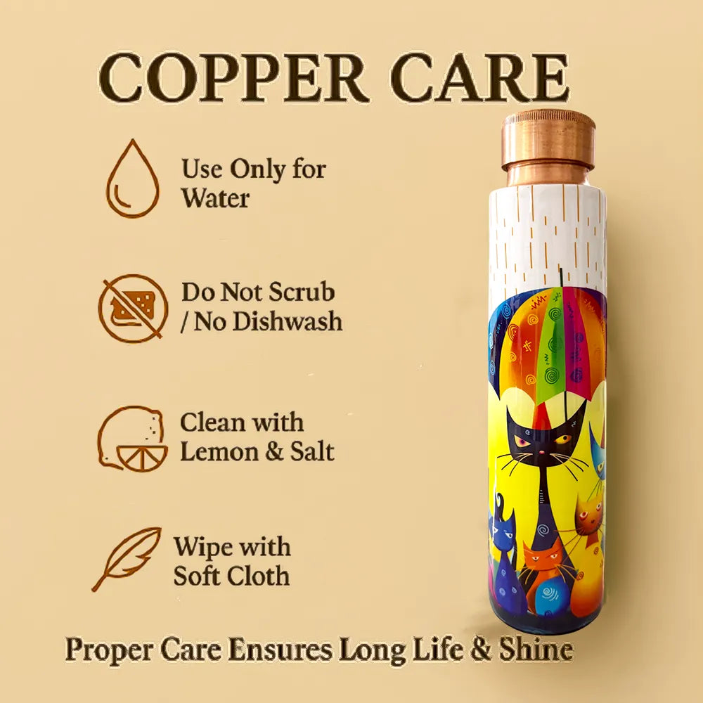 PAINTZSTORIES Rainy Day Whiskers Meena Print Copper Water Bottle | Handcrafted Tamba Bottle | Premium Copper Water Bottle for Home Décor, Office, Travel & Gifting | 900 ml
