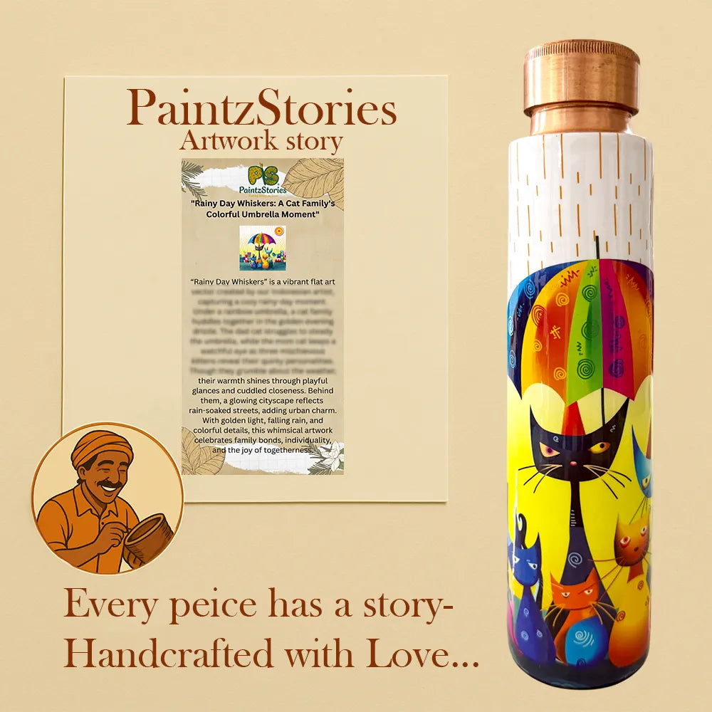 PAINTZSTORIES Rainy Day Whiskers Meena Print Copper Water Bottle | Handcrafted Tamba Bottle | Premium Copper Water Bottle for Home Décor, Office, Travel & Gifting | 900 ml