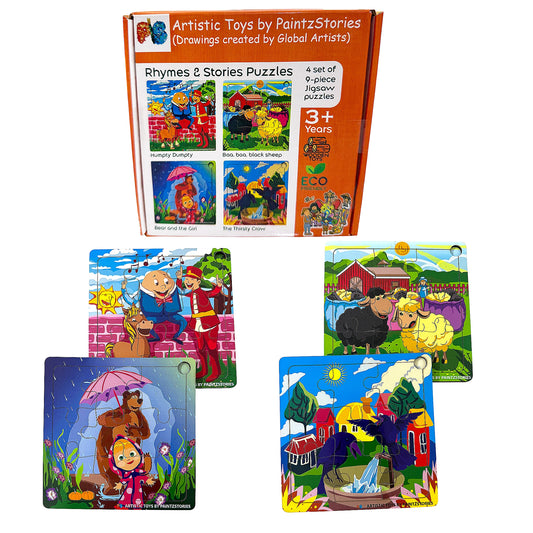 PAINTZSTORIES Rhymes & Stories Artistic Wooden Toy | Global Artists & Cultural Puzzles | Set of 4 Jigsaw Puzzles | 3+ Years | Educational Puzzle for Kids | Wooden Animal Puzzle | Size: 6x6 Inch