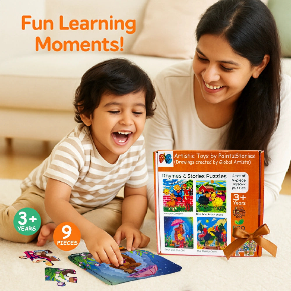 PAINTZSTORIES Rhymes & Stories Artistic Wooden Toy | Global Artists & Cultural Puzzles | Set of 4 Jigsaw Puzzles | 3+ Years | Educational Puzzle for Kids | Wooden Animal Puzzle | Size: 6x6 Inch