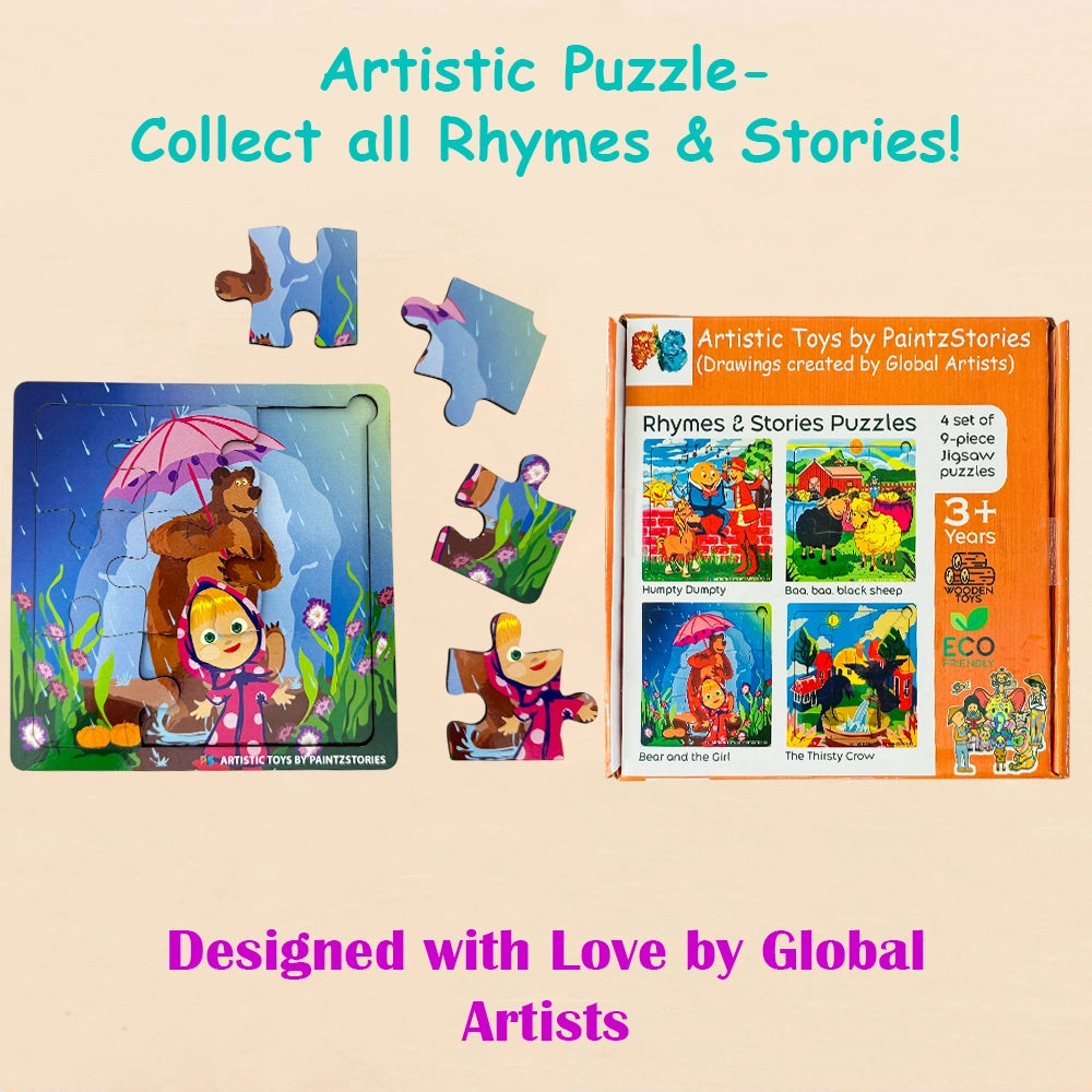 PAINTZSTORIES Rhymes & Stories Artistic Wooden Toy | Global Artists & Cultural Puzzles | Set of 4 Jigsaw Puzzles | 3+ Years | Educational Puzzle for Kids | Wooden Animal Puzzle | Size: 6x6 Inch