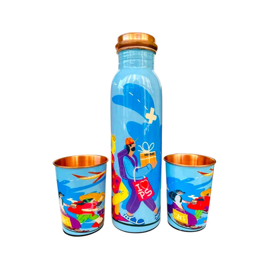 PAINTZSTORIES Travel Tales Happy Tourists Returning from Adventures Artistic Copper Water Bottle Set | Handcrafted Tamba Bottle with 2 Glasses | Home Décor, Office, Travel & Gifting | 900 ml