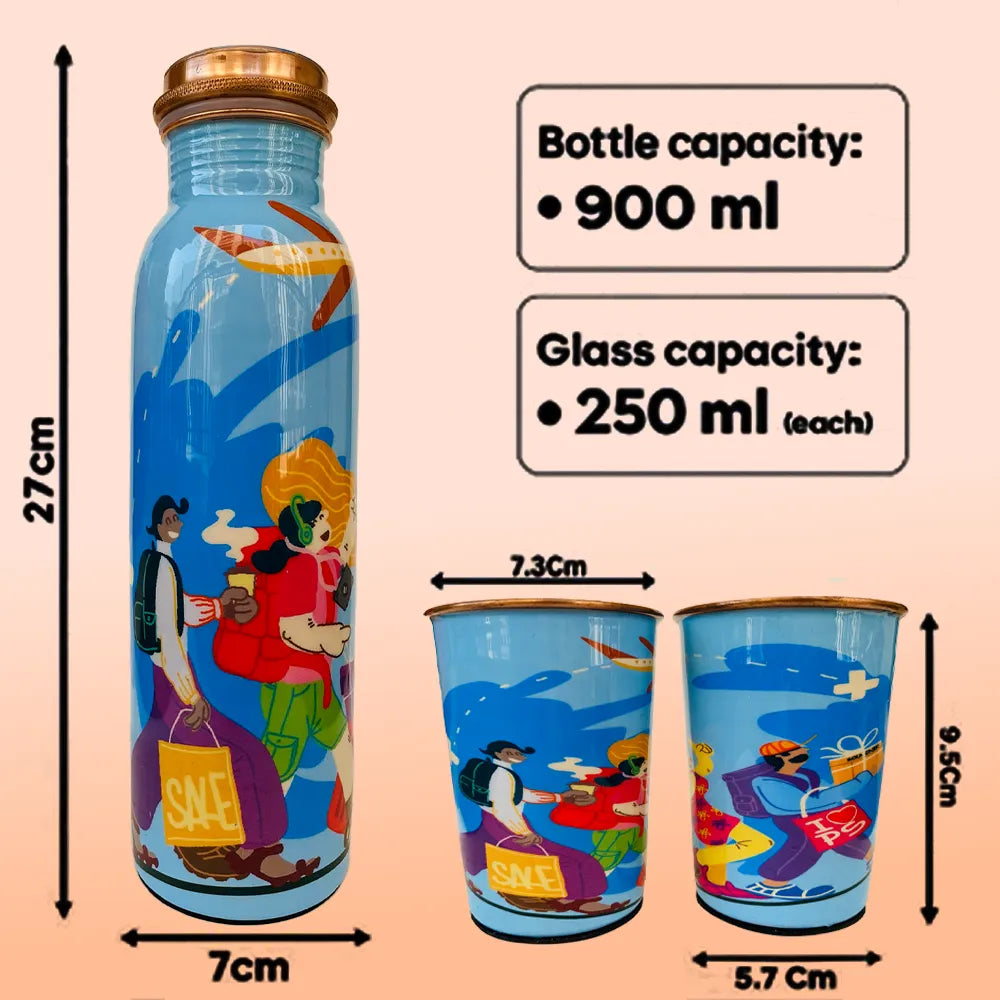 PAINTZSTORIES Travel Tales Happy Tourists Returning from Adventures Artistic Copper Water Bottle Set | Handcrafted Tamba Bottle with 2 Glasses | Home Décor, Office, Travel & Gifting | 900 ml