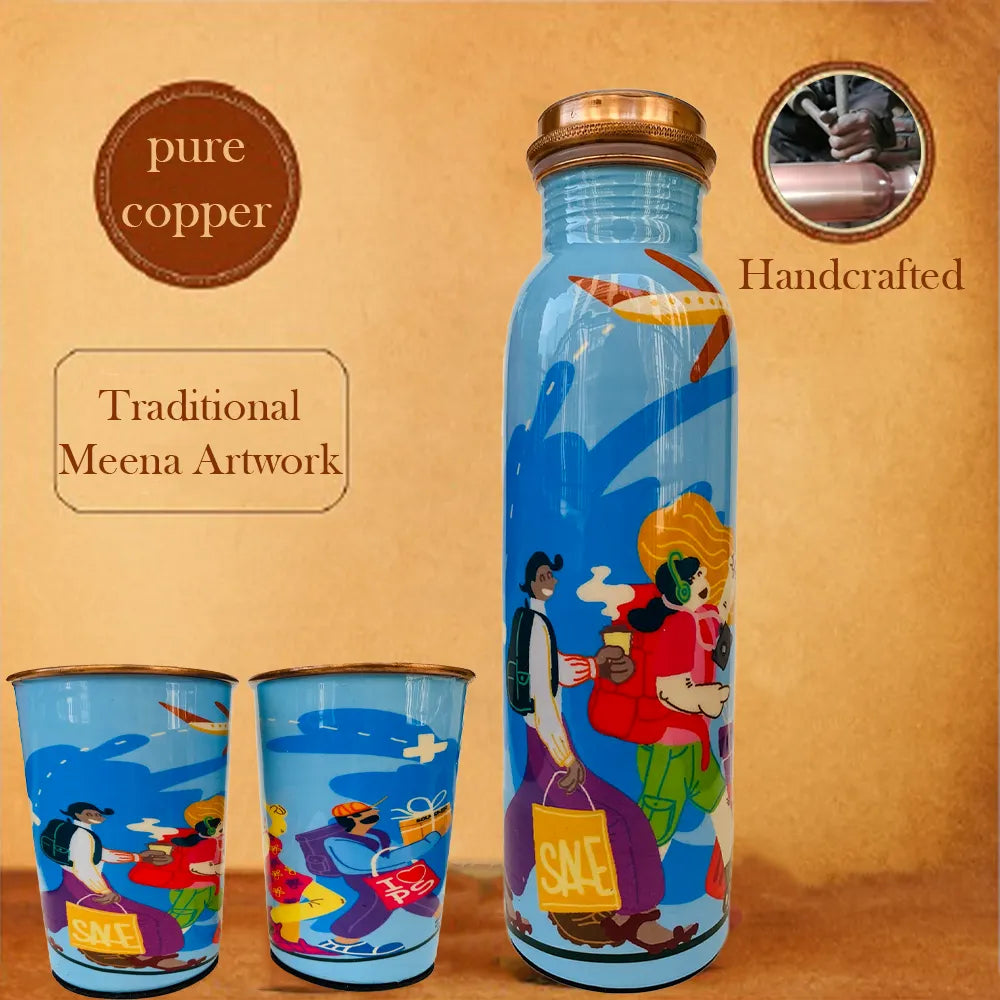 PAINTZSTORIES Travel Tales Happy Tourists Returning from Adventures Artistic Copper Water Bottle Set | Handcrafted Tamba Bottle with 2 Glasses | Home Décor, Office, Travel & Gifting | 900 ml