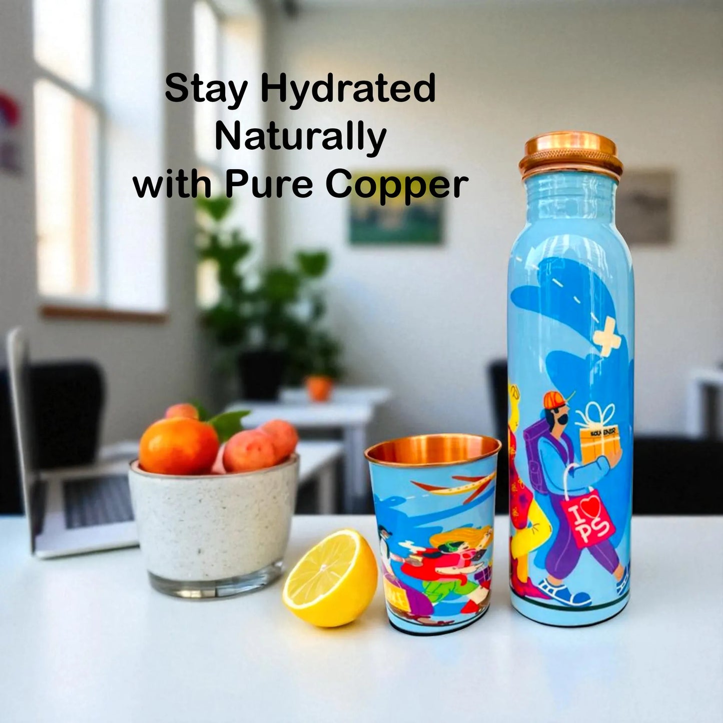 PAINTZSTORIES Travel Tales Happy Tourists Returning from Adventures Artistic Copper Water Bottle Set | Handcrafted Tamba Bottle with 2 Glasses | Home Décor, Office, Travel & Gifting | 900 ml