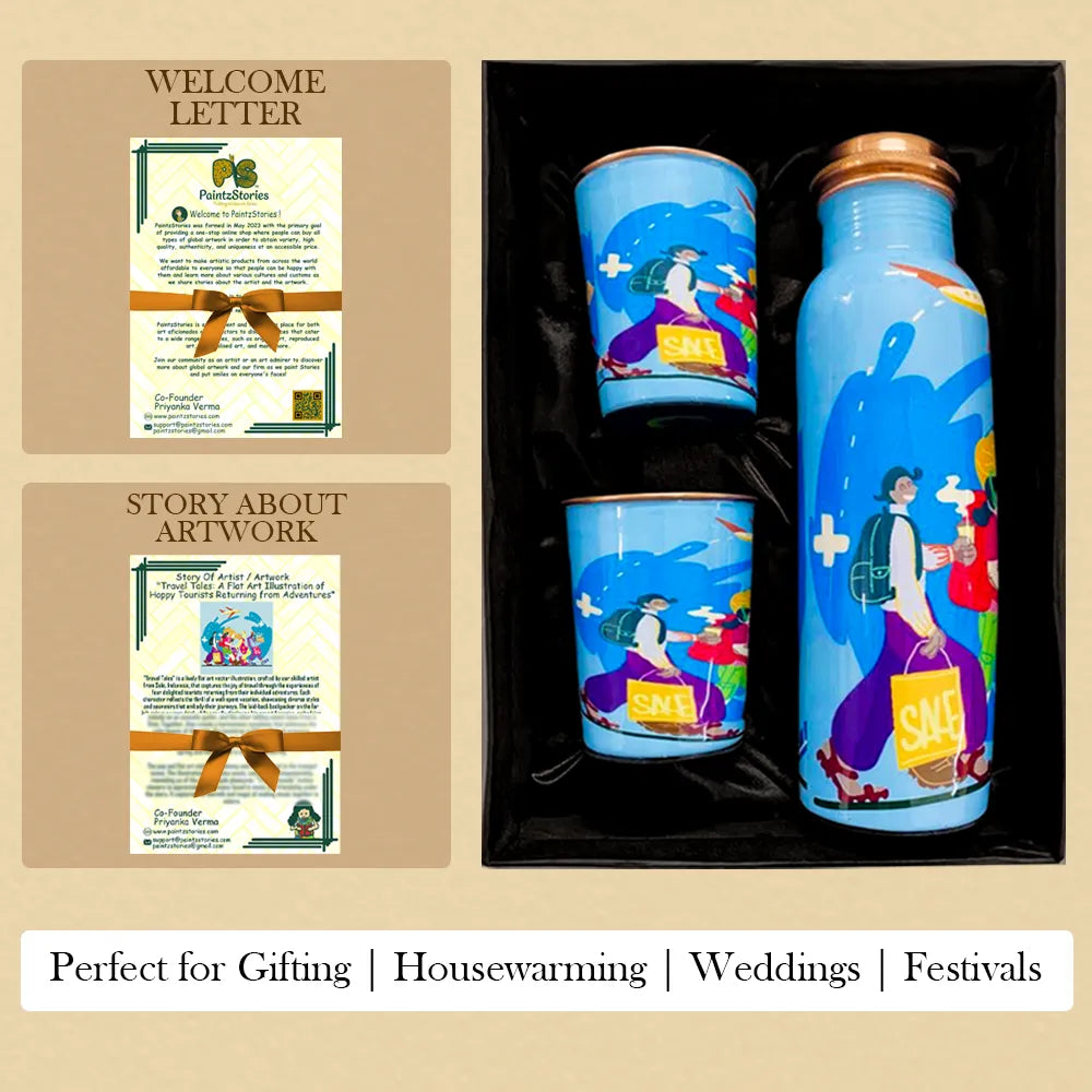 PAINTZSTORIES Travel Tales Happy Tourists Returning from Adventures Artistic Copper Water Bottle Set | Handcrafted Tamba Bottle with 2 Glasses | Home Décor, Office, Travel & Gifting | 900 ml
