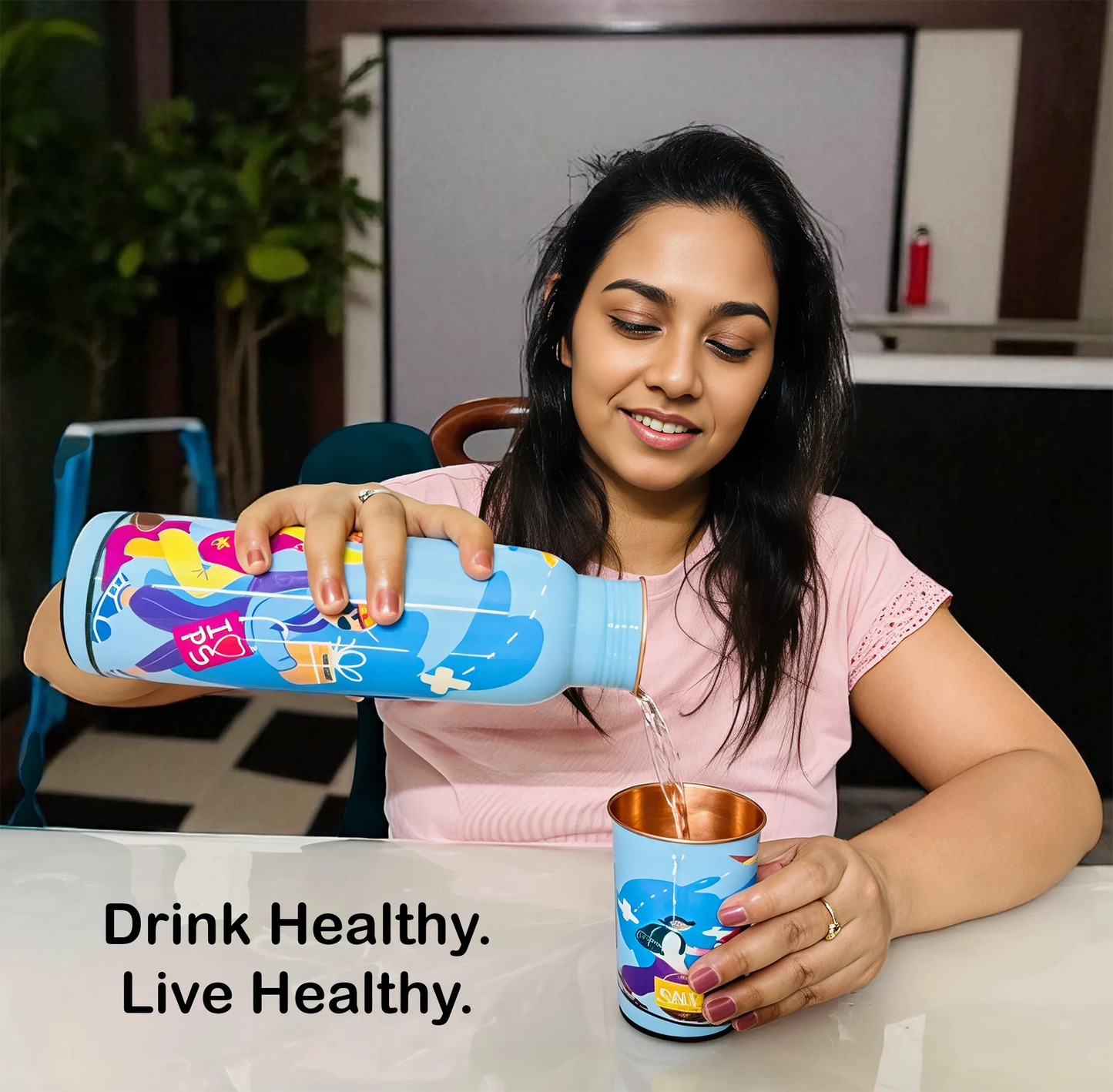 PAINTZSTORIES Travel Tales Happy Tourists Returning from Adventures Artistic Copper Water Bottle Set | Handcrafted Tamba Bottle with 2 Glasses | Home Décor, Office, Travel & Gifting | 900 ml