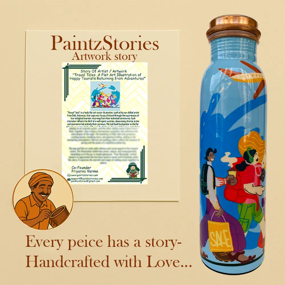 PAINTZSTORIES Travel Tales Happy Tourists Returning from Adventures Artistic Copper Water Bottle Set | Handcrafted Tamba Bottle with 2 Glasses | Home Décor, Office, Travel & Gifting | 900 ml