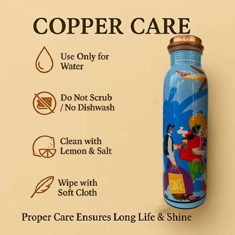 PAINTZSTORIES Travel Tales Happy Tourists Returning from Adventures Artistic Copper Water Bottle Set | Handcrafted Tamba Bottle with 2 Glasses | Home Décor, Office, Travel & Gifting | 900 ml