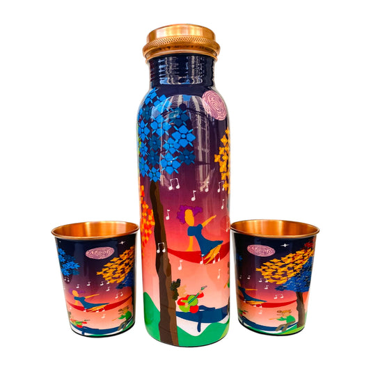 PAINTZSTORIES Tree Serenade Spring Night Harmony Artistic Copper Water Bottle Set | Handcrafted Tamba Bottle with 2 Glasses | Home Décor, Office, Travel & Gifting | 900 ml