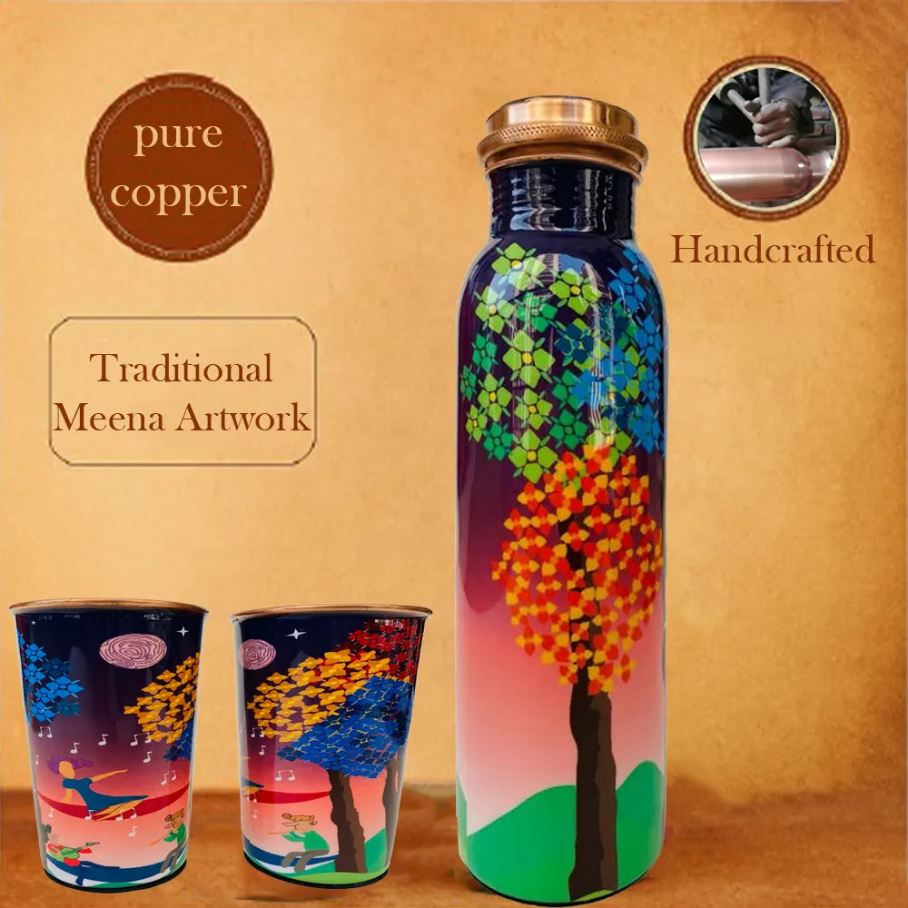 PAINTZSTORIES Tree Serenade Spring Night Harmony Artistic Copper Water Bottle Set | Handcrafted Tamba Bottle with 2 Glasses | Home Décor, Office, Travel & Gifting | 900 ml