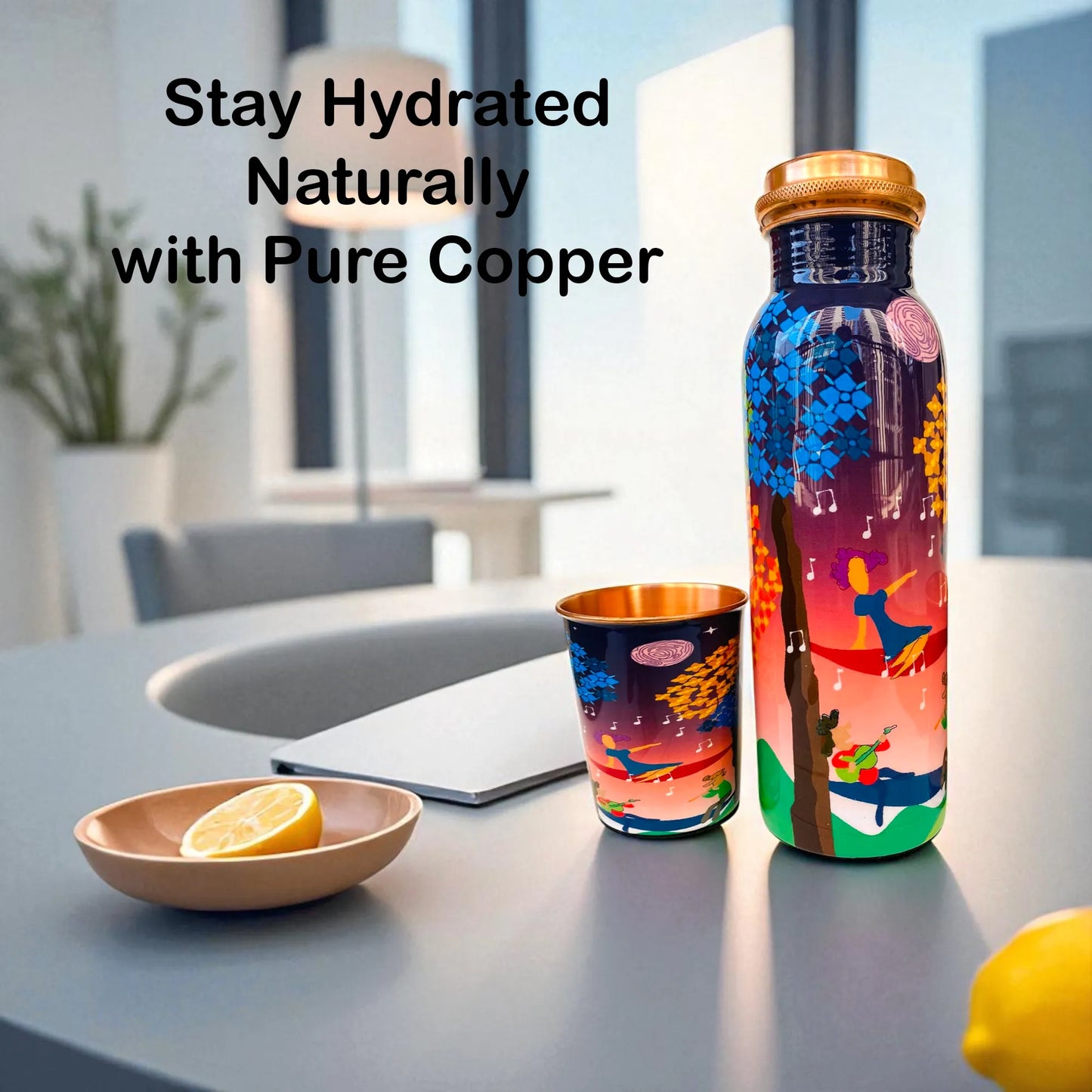 PAINTZSTORIES Tree Serenade Spring Night Harmony Artistic Copper Water Bottle Set | Handcrafted Tamba Bottle with 2 Glasses | Home Décor, Office, Travel & Gifting | 900 ml