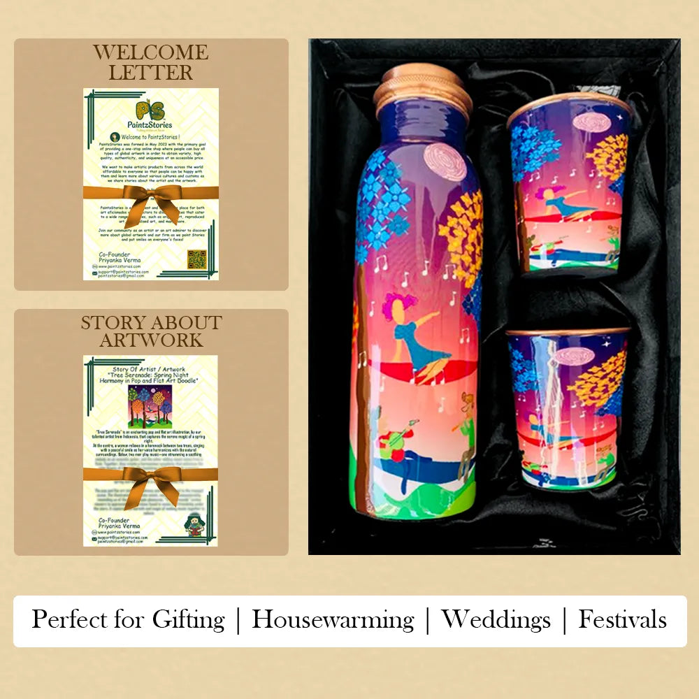 PAINTZSTORIES Tree Serenade Spring Night Harmony Artistic Copper Water Bottle Set | Handcrafted Tamba Bottle with 2 Glasses | Home Décor, Office, Travel & Gifting | 900 ml
