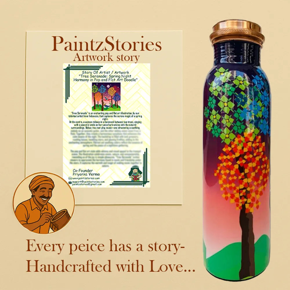 PAINTZSTORIES Tree Serenade Spring Night Harmony Artistic Copper Water Bottle Set | Handcrafted Tamba Bottle with 2 Glasses | Home Décor, Office, Travel & Gifting | 900 ml