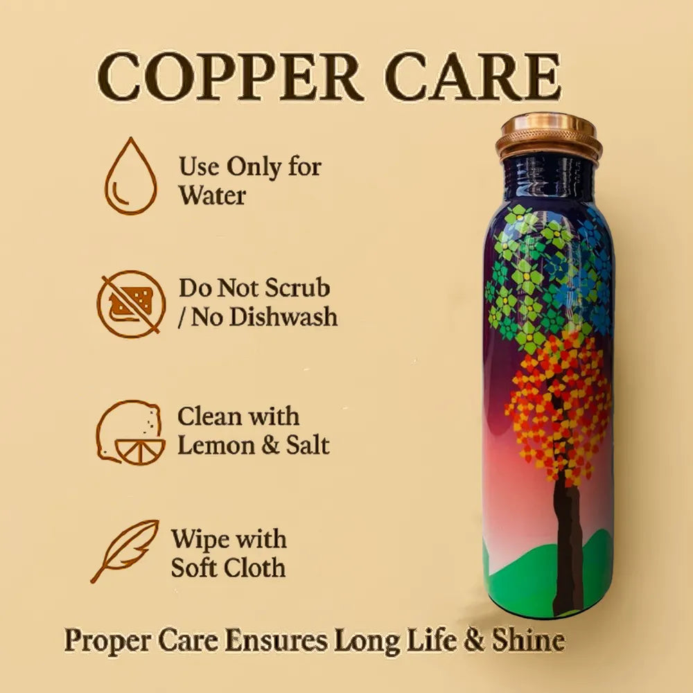 PAINTZSTORIES Tree Serenade Spring Night Harmony Artistic Copper Water Bottle Set | Handcrafted Tamba Bottle with 2 Glasses | Home Décor, Office, Travel & Gifting | 900 ml