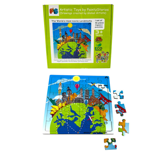 PAINTZSTORIES The World’s Most Iconic Landmarks Wooden Puzzle | 1 Set 36 Pieces Jigsaw | Educational Puzzle for Cognitive & Motor Skills Development | Birthday Gift for Kids | 3+ years | Size 9*9 Inch