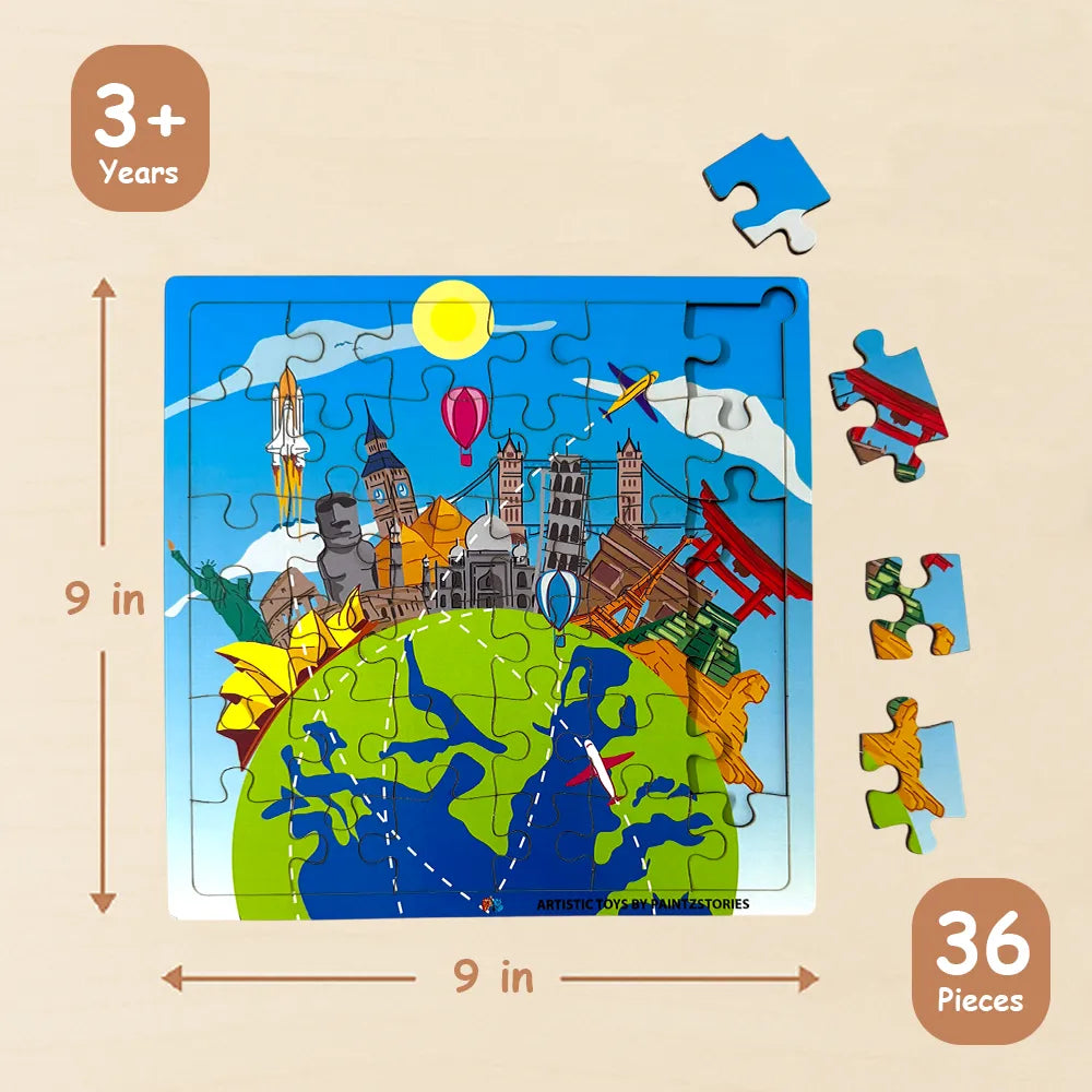 PAINTZSTORIES The World’s Most Iconic Landmarks Wooden Puzzle | 1 Set 36 Pieces Jigsaw | Educational Puzzle for Cognitive & Motor Skills Development | Birthday Gift for Kids | 3+ years | Size 9*9 Inch