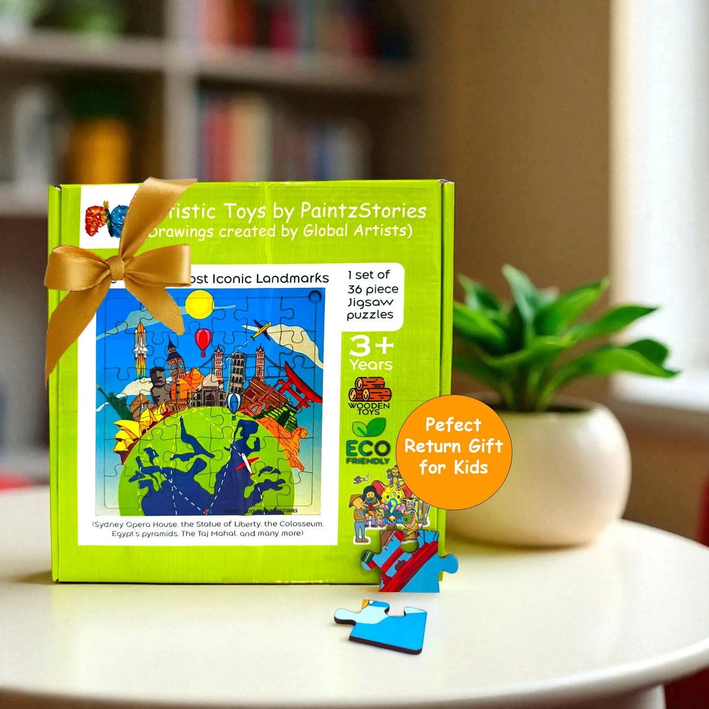 PAINTZSTORIES The World’s Most Iconic Landmarks Wooden Puzzle | 1 Set 36 Pieces Jigsaw | Educational Puzzle for Cognitive & Motor Skills Development | Birthday Gift for Kids | 3+ years | Size 9*9 Inch