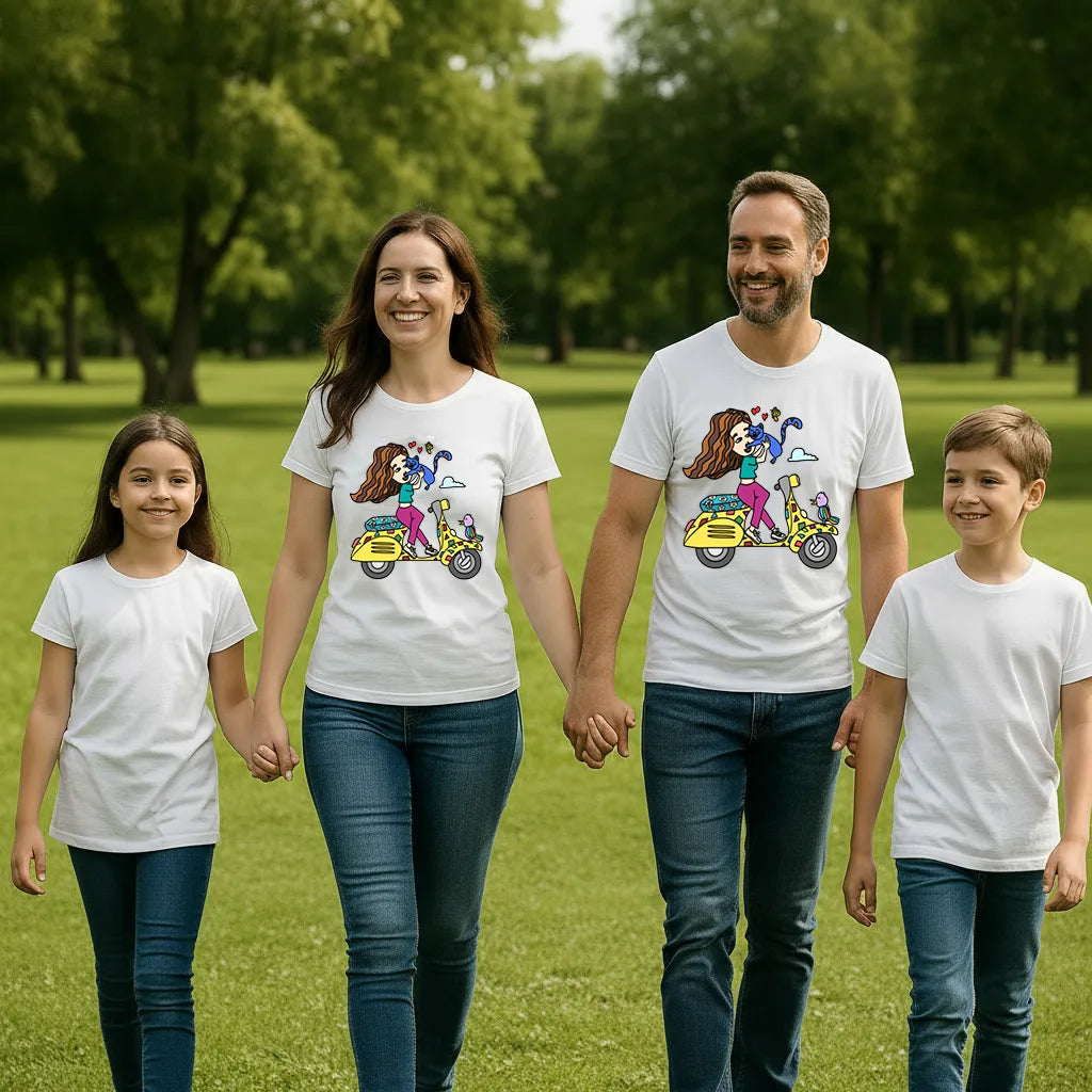 PAINTZSTORIES A girl on scooter Unisex Cotton Round Neck T-Shirt | Modern Stylish Regular Fit Tee for Men & Women – Soft & Breathable Fabric, Casual Daily Wear, Easy Care, Comfortable Everyday Fit