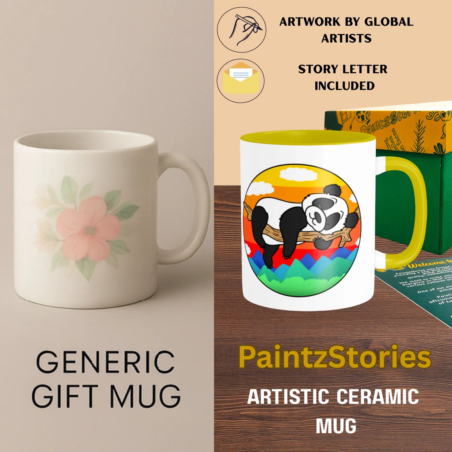 PAINTZSTORIES A Cute Panda Artistic Ceramic Coffee Mug with Digital Print by Global Artists | Durable Ceramic Cup for Coffee, Tea & Cold Beverages | Printed Mug for Birthday Gift | 350ml