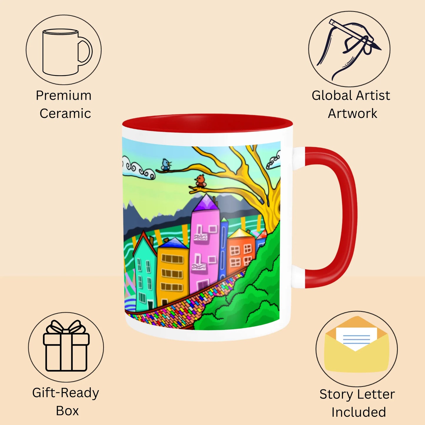 PAINTZSTORIES A Lovely Town Artistic Ceramic Coffee Mug with Digital Print by Global Artists | Durable Ceramic Cup for Coffee, Tea & Cold Beverages | Printed Mug for Birthday Gift | 350ml
