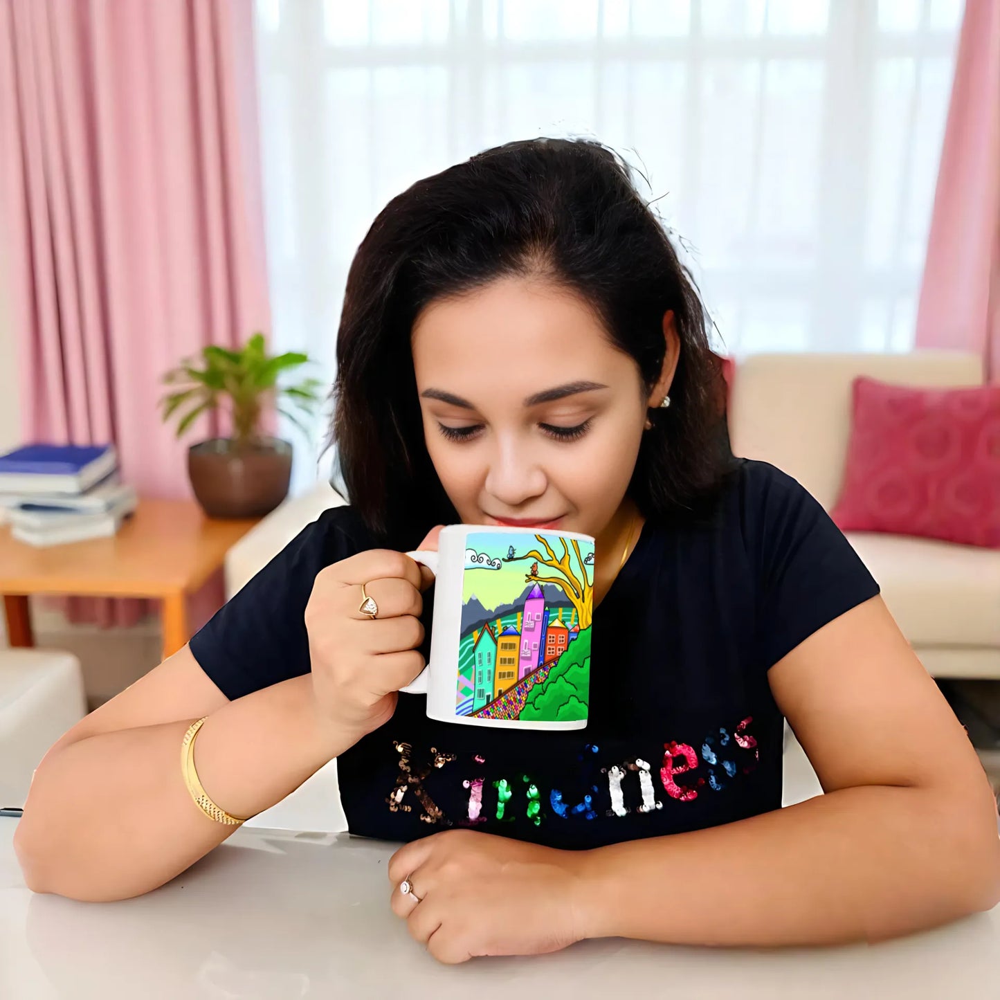 PAINTZSTORIES A Lovely Town Artistic Ceramic Coffee Mug with Digital Print by Global Artists | Durable Ceramic Cup for Coffee, Tea & Cold Beverages | Printed Mug for Birthday Gift | 350ml