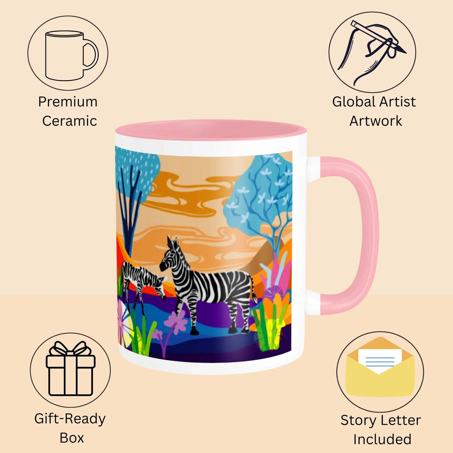 PAINTZSTORIES A Pair of Zebras Artistic Ceramic Coffee Mug with Digital Print by Global Artists | Durable Ceramic Cup for Coffee, Tea & Cold Beverages | Printed Mug for Birthday Gift | 350ml