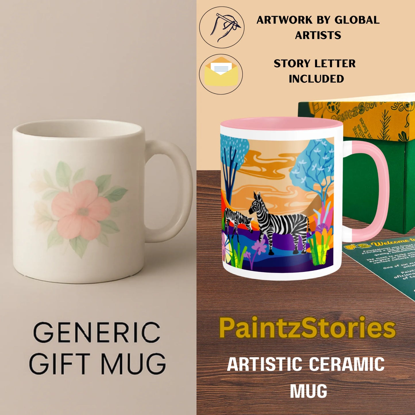 PAINTZSTORIES A Pair of Zebras Artistic Ceramic Coffee Mug with Digital Print by Global Artists | Durable Ceramic Cup for Coffee, Tea & Cold Beverages | Printed Mug for Birthday Gift | 350ml