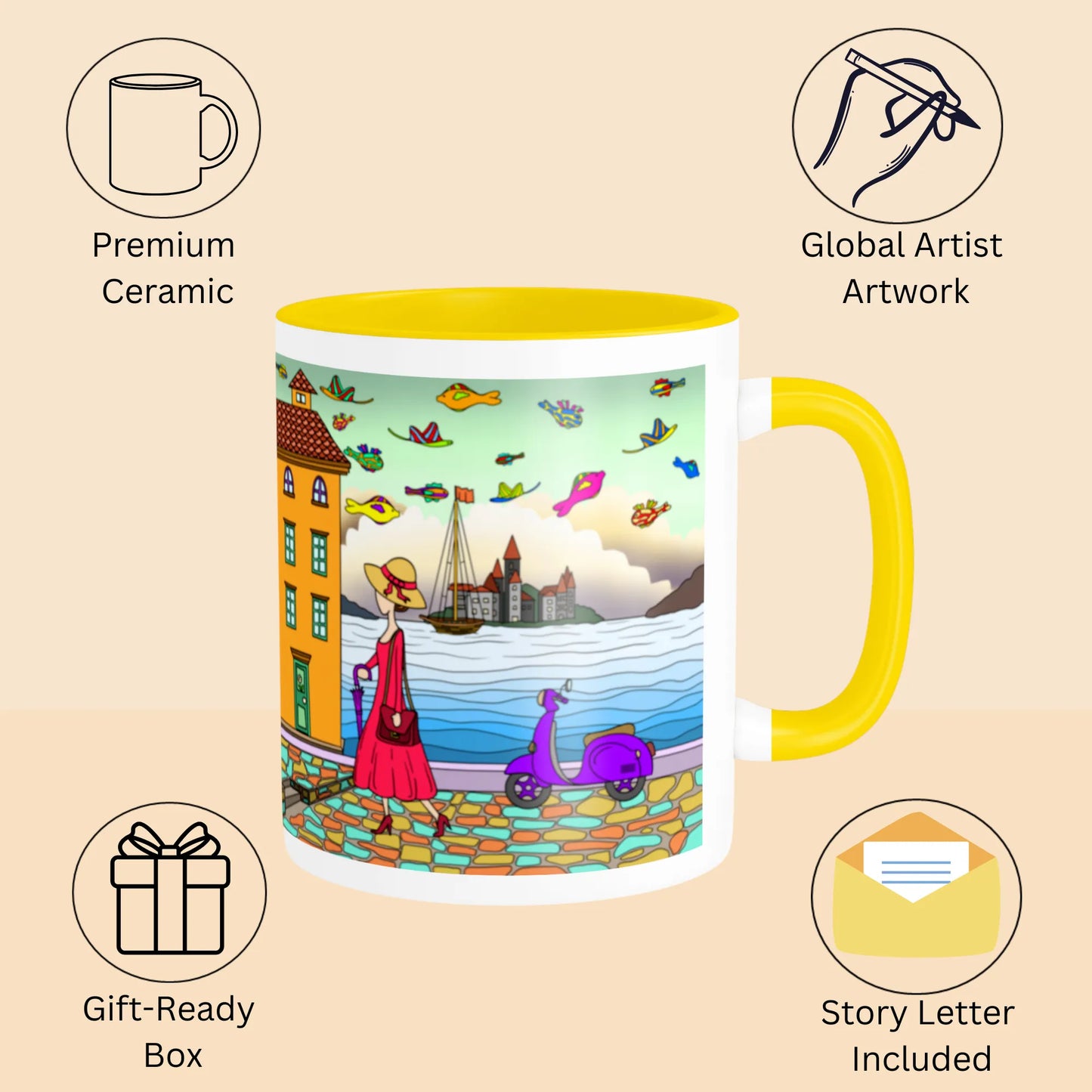 PAINTZSTORIES A Walking Lady Artistic Ceramic Coffee Mug with Digital Print by Global Artists | Durable Ceramic Cup for Coffee, Tea & Cold Beverages | Printed Mug for Birthday Gift | 350ml