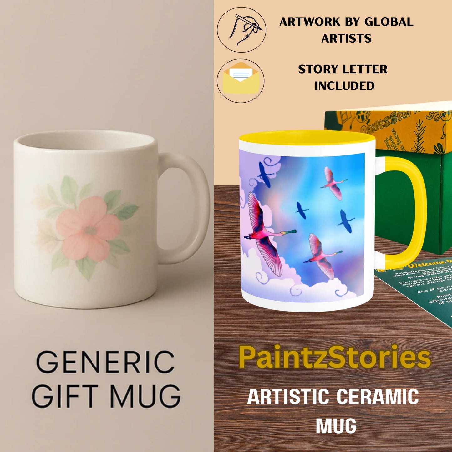 PAINTZSTORIES Birds in Sky Artistic Ceramic Coffee Mug with Digital Print by Global Artists | Durable Ceramic Cup for Coffee, Tea & Cold Beverages | Printed Mug for Birthday Gift | 350ml