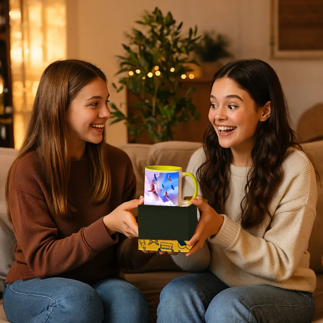 PAINTZSTORIES Birds in Sky Artistic Ceramic Coffee Mug with Digital Print by Global Artists | Durable Ceramic Cup for Coffee, Tea & Cold Beverages | Printed Mug for Birthday Gift | 350ml