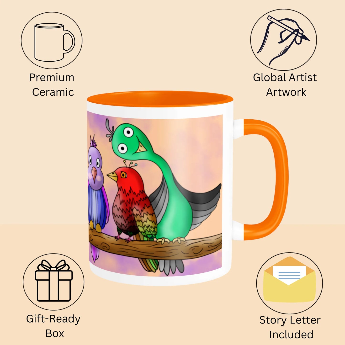 PAINTZSTORIES Five Colourful Birds Artistic Ceramic Coffee Mug with Digital Print by Global Artists | Durable Ceramic Cup for Coffee, Tea & Cold Beverages | Printed Mug for Birthday Gift | 350ml