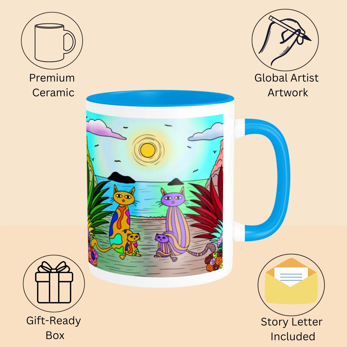 PAINTZSTORIES Four Cats Artistic Ceramic Coffee Mug with Digital Print by Global Artists | Durable Ceramic Cup for Coffee, Tea & Cold Beverages | Printed Mug for Birthday Gift | 350ml