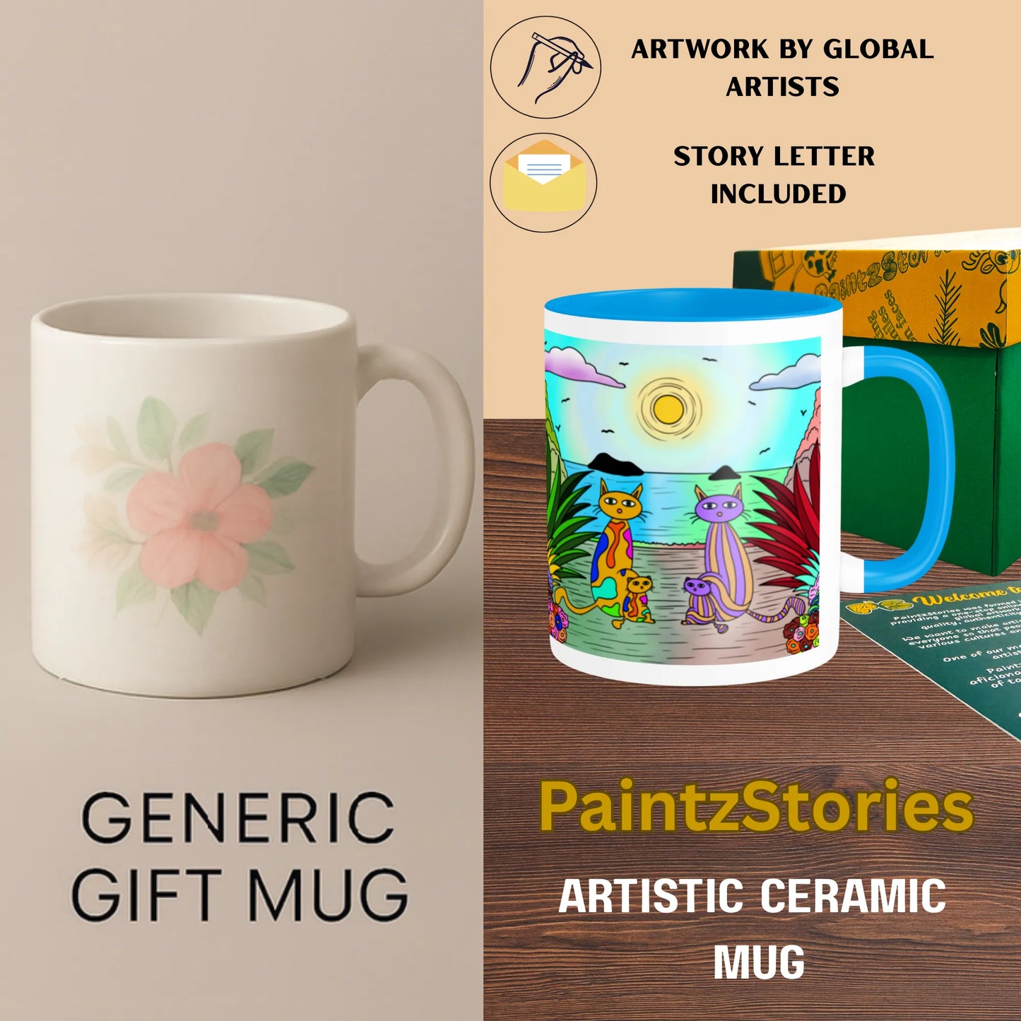 PAINTZSTORIES Four Cats Artistic Ceramic Coffee Mug with Digital Print by Global Artists | Durable Ceramic Cup for Coffee, Tea & Cold Beverages | Printed Mug for Birthday Gift | 350ml